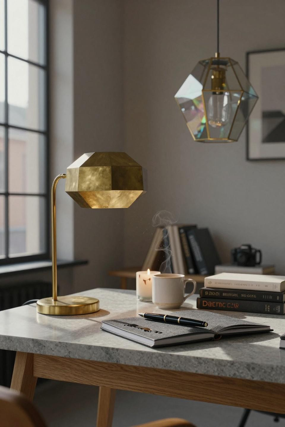 Work Table Aesthetic - geometric brass lamp closeup