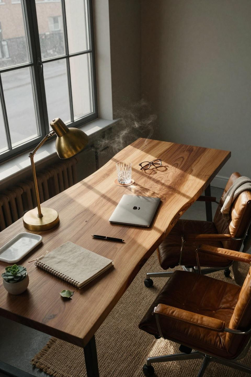 Workspace Aesthetic - elevated view of walnut desk