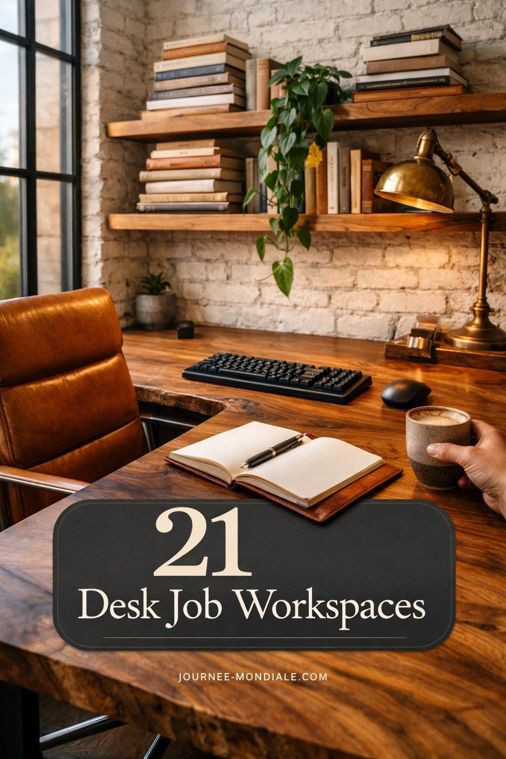 Copenhagen-inspired workspace featuring live-edge walnut desk, cognac leather Eames chair, floating white oak shelves, trailing pothos plant, brass architect lamp, and whitewashed brick wall with natural morning light