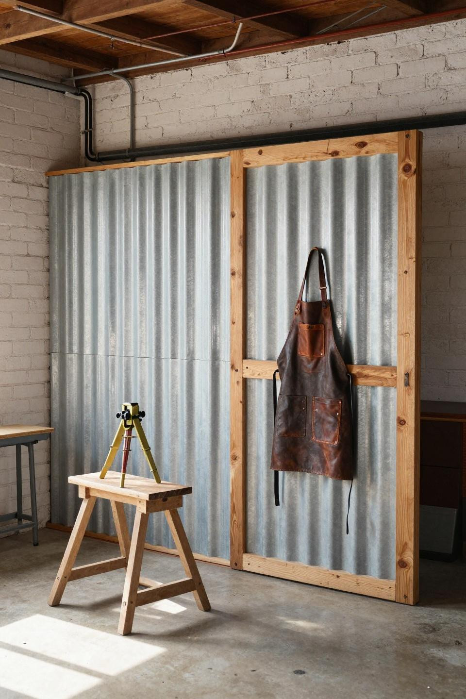Barn makeover - DIY corrugated steel workshop with whitewashed brick