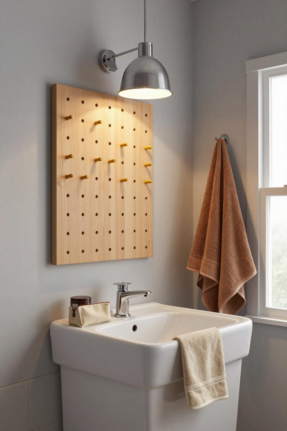 Apartment Bathroom Makeover - raw pinewood pegboard with mustard dowels