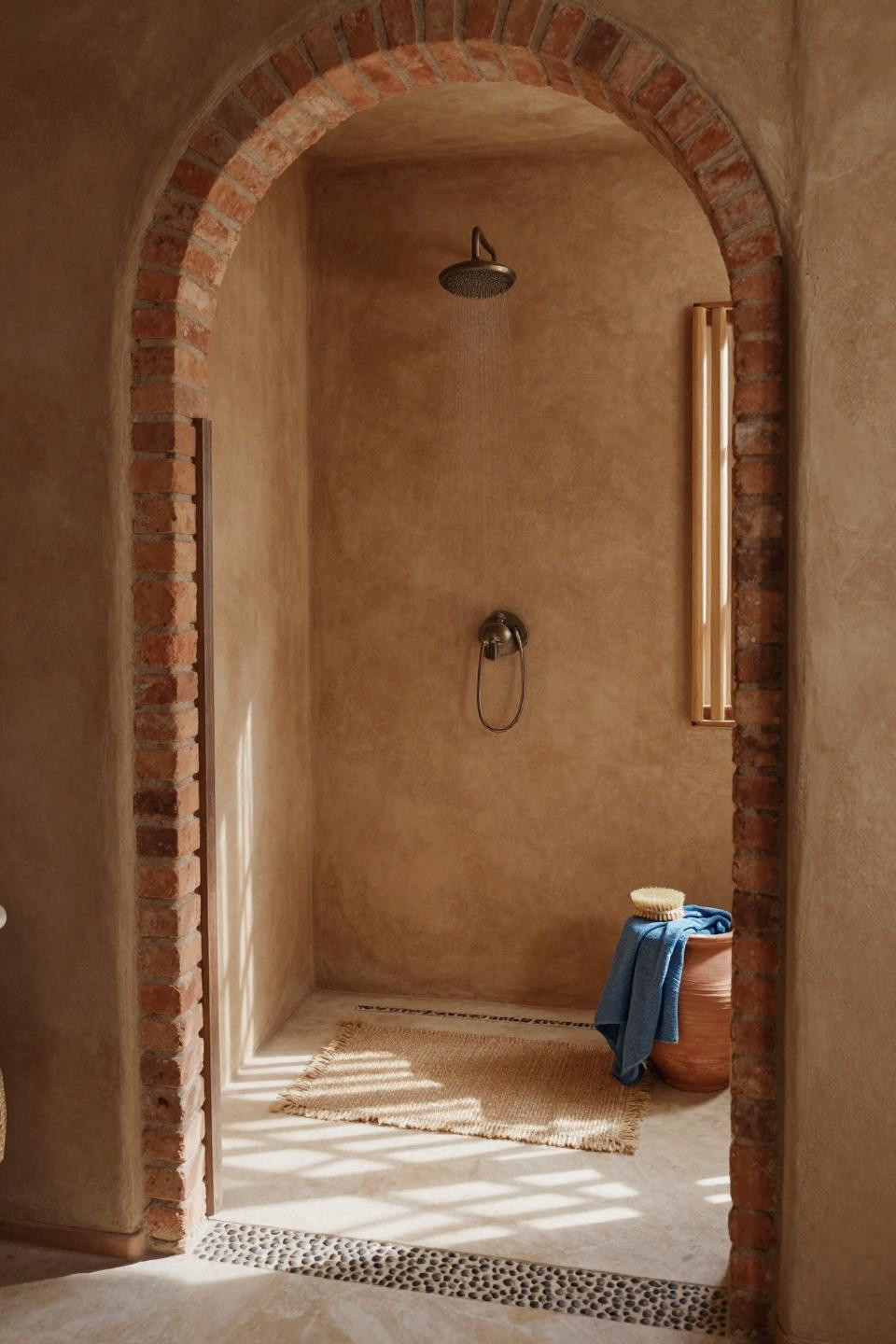 Shower Area Design - arched terracotta brick with ochre plaster