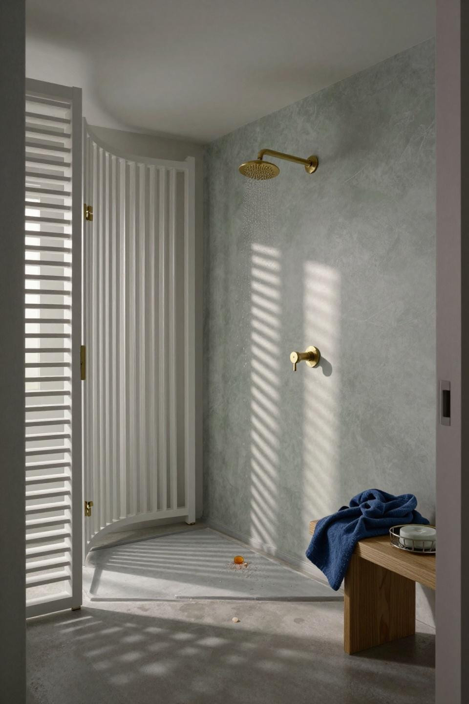 Bathroom Shower Area - angled slatted oak with seafoam plaster