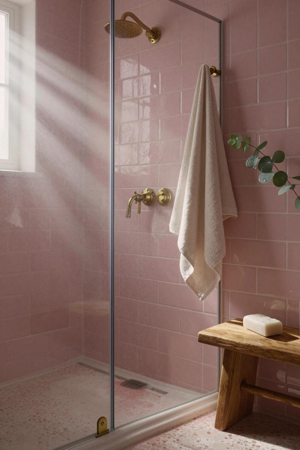 Pink Shower - hand-glazed ceramic tiles closeup