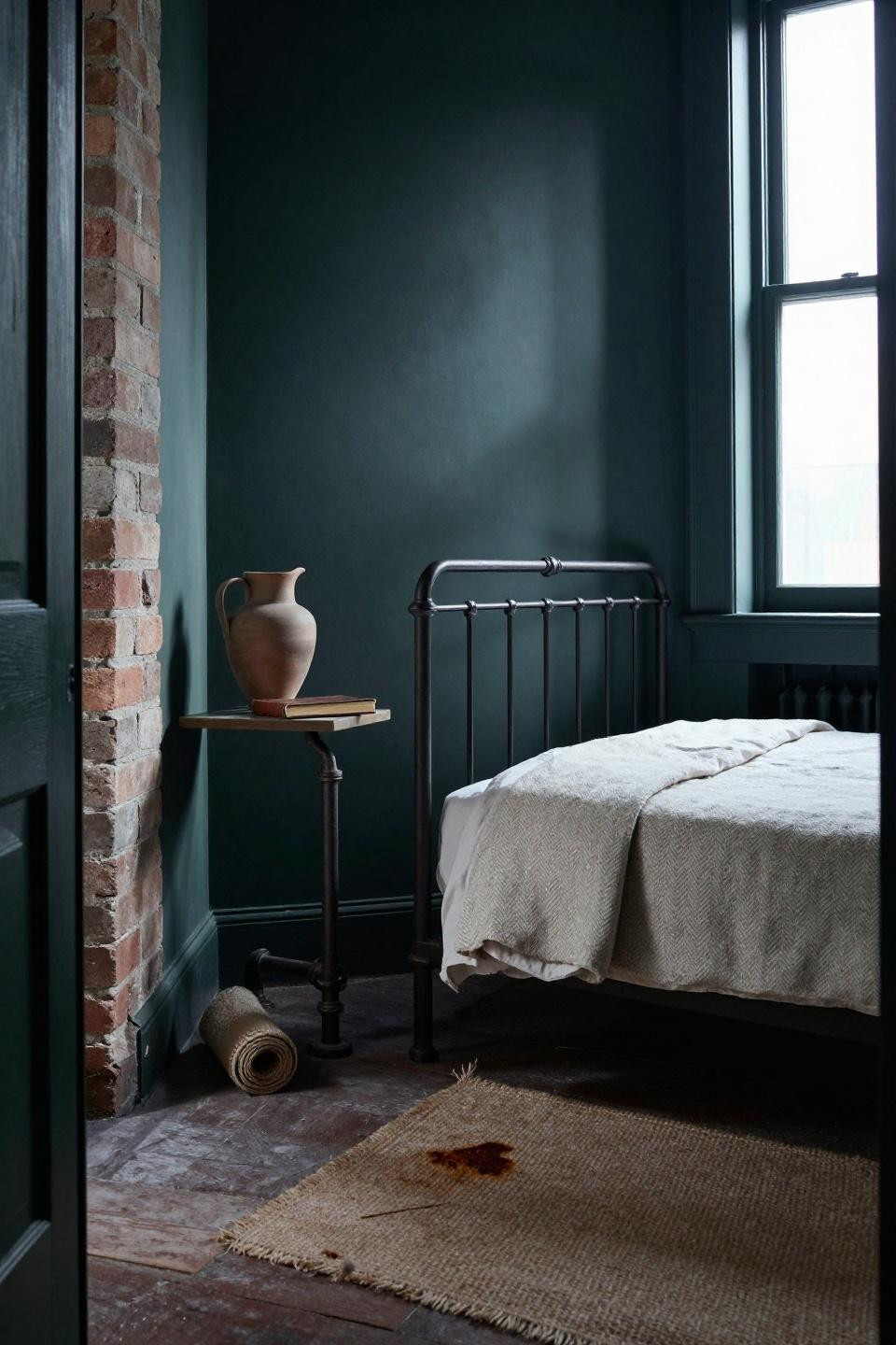 Minimal Bedroom - forest green distemper paint with raw brick