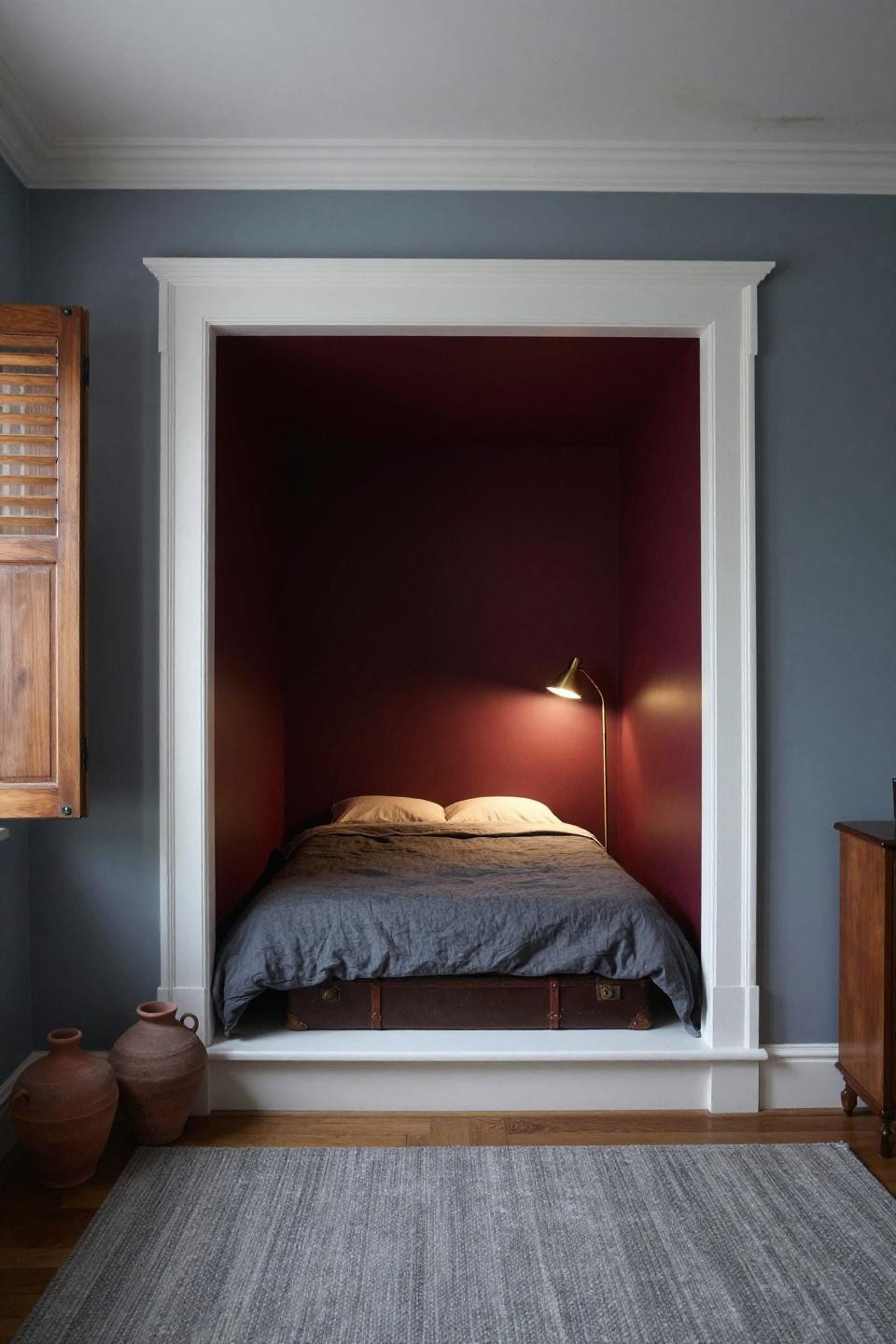 Natural Bedroom - deep burgundy plaster sleeping alcove