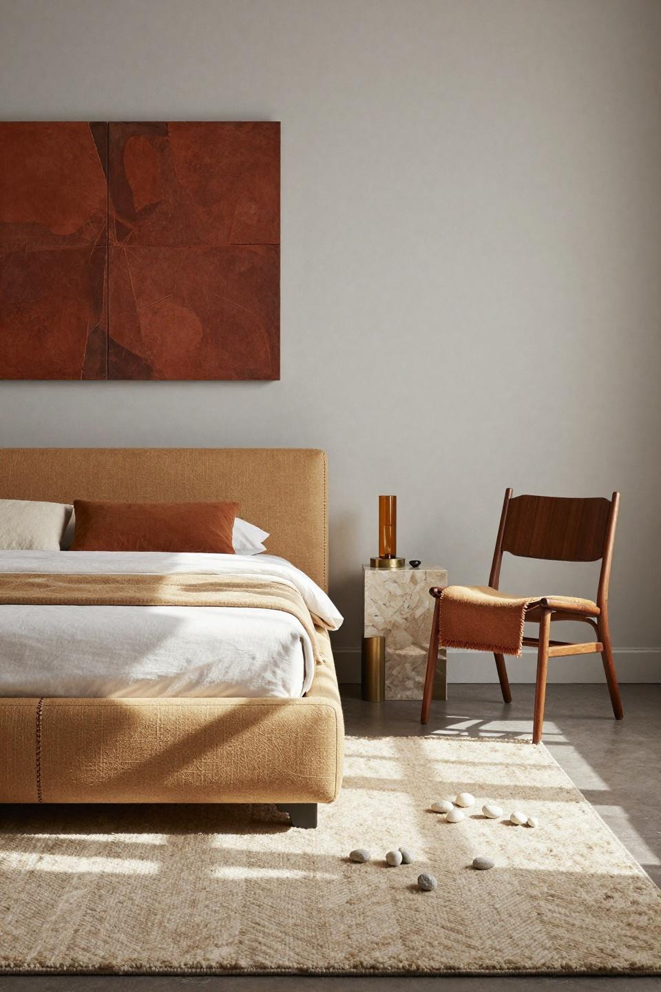Minimal Bedroom - curved caramel linen with hand-stitched welt