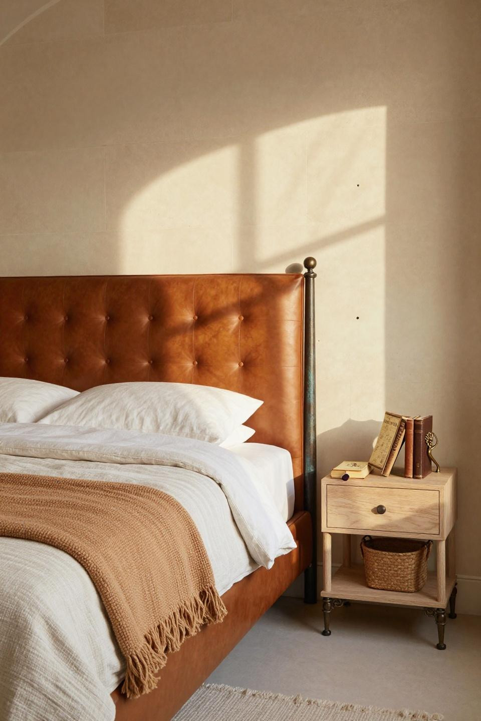 Cozy Earthy Bedroom - tufted cognac leather with raw linen