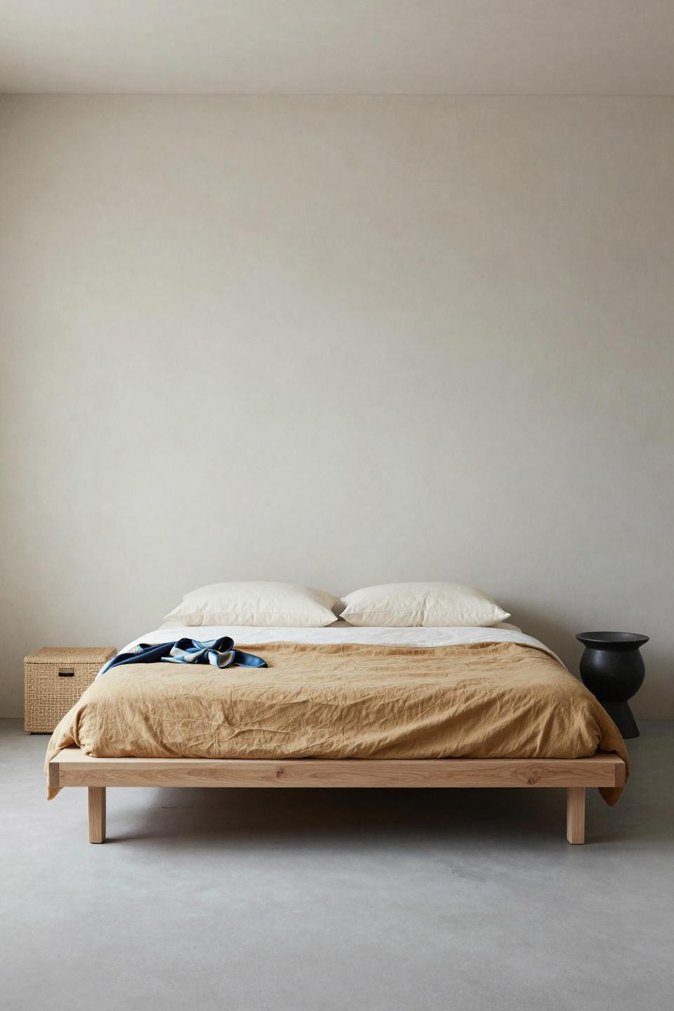 Earthy Bedroom Ideas - Japandi platform bed with caramel linen