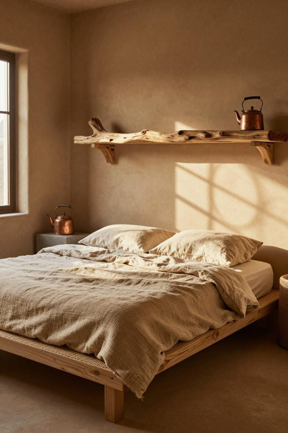 Warm Earthy Bedroom - thick jute webbing with ochre clay walls