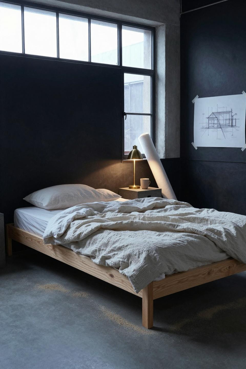Warm Bedroom Aesthetic - raw plywood platform with charcoal wall