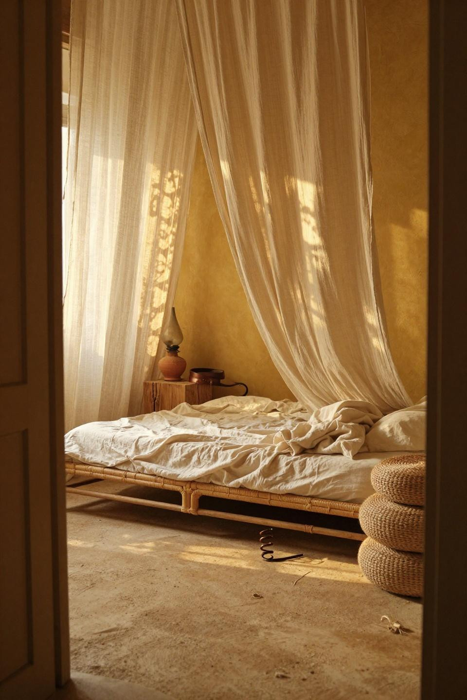 Cozy Bedroom Aesthetic - mustard plaster with rattan platform