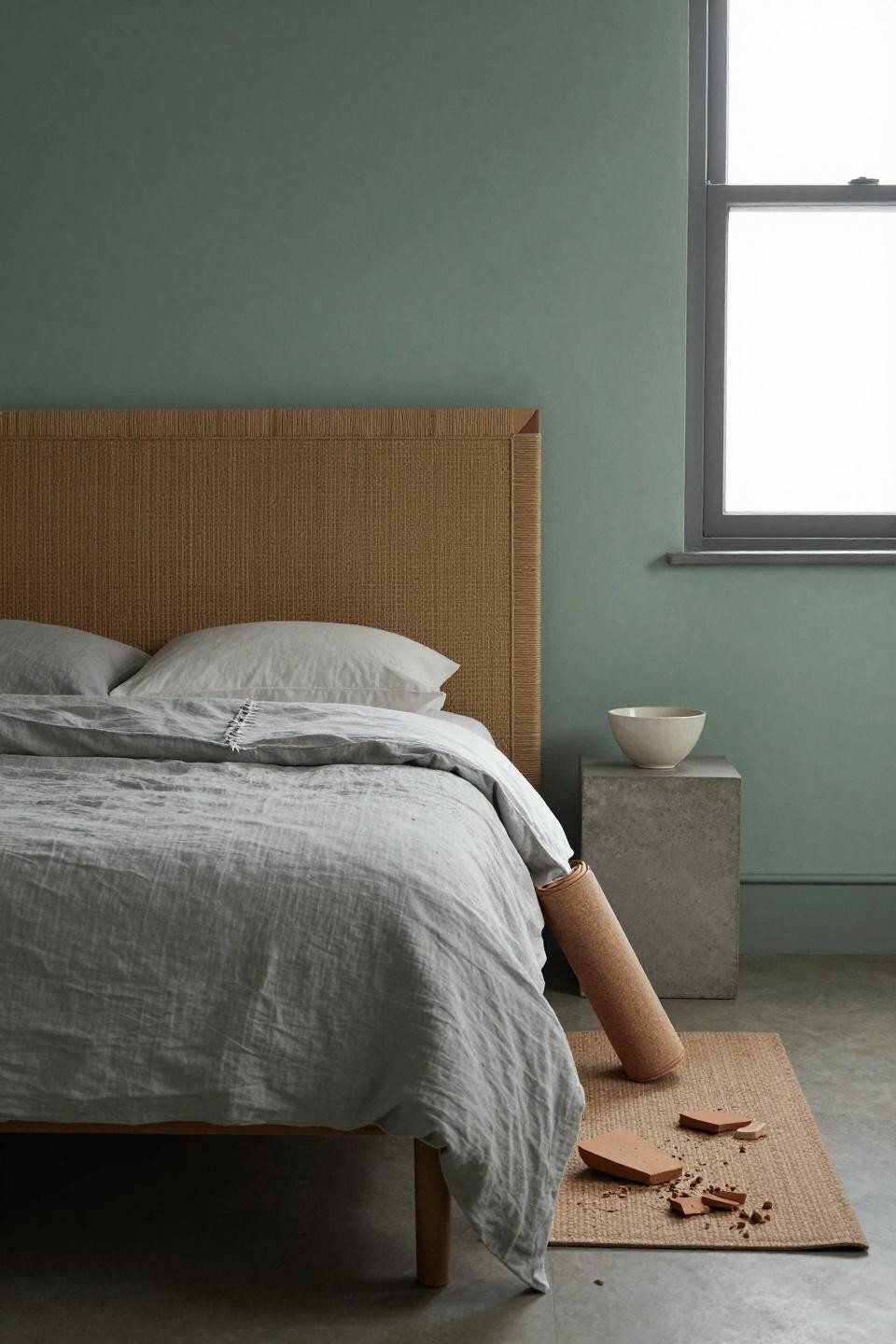 Earthy Tone Bedroom - sage limewash with woven seagrass panel