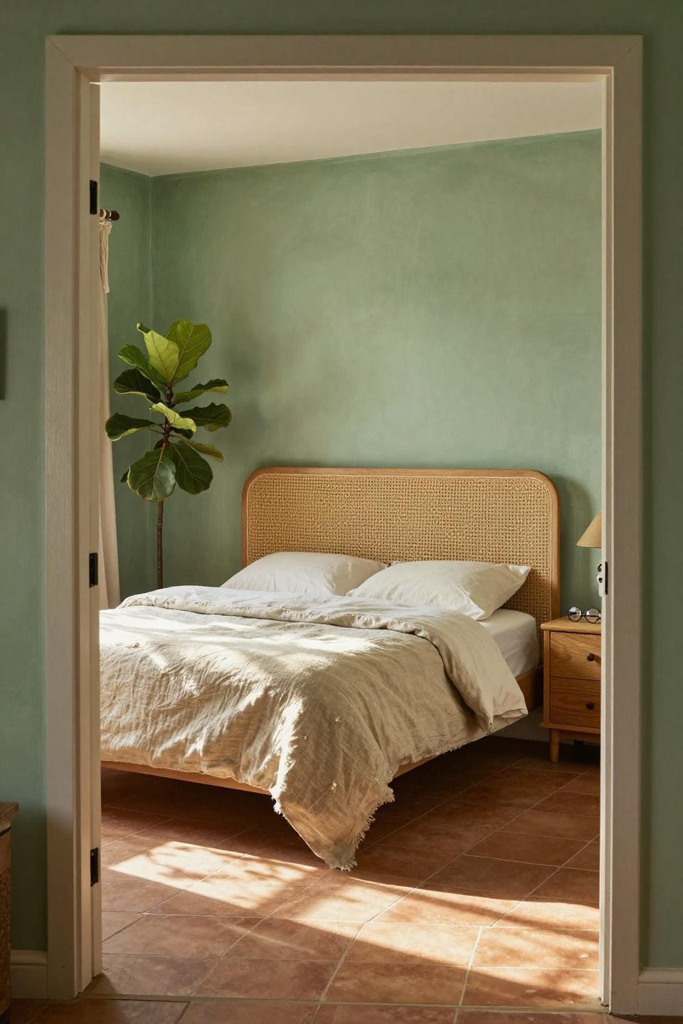 Earthy Bedroom Aesthetic - sage green with woven jute panel