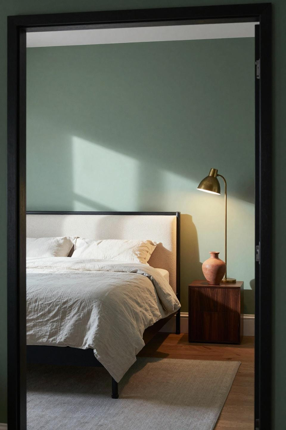 Natural Bedroom - blackened steel frame with cream boucle