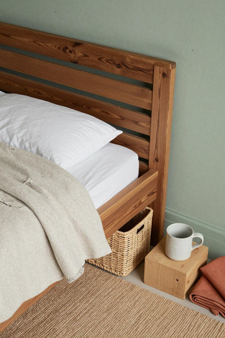 Earthy Bedroom Ideas - sage plaster with charred timber slats