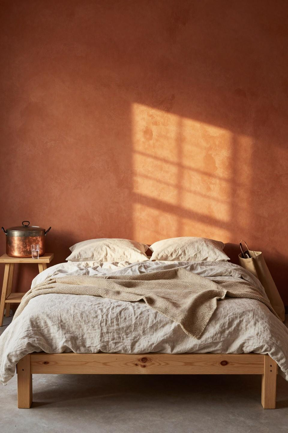 Natural Bedroom - terracotta wall with chunky wool throw