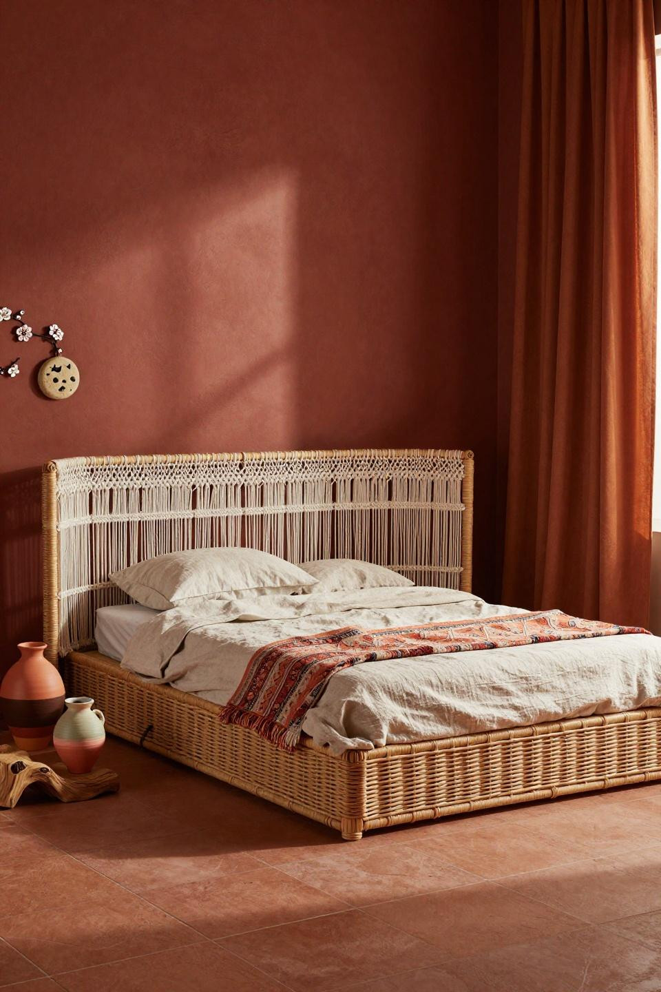 Earthy Bedroom Aesthetic - rust ochre wall with bohemian rattan