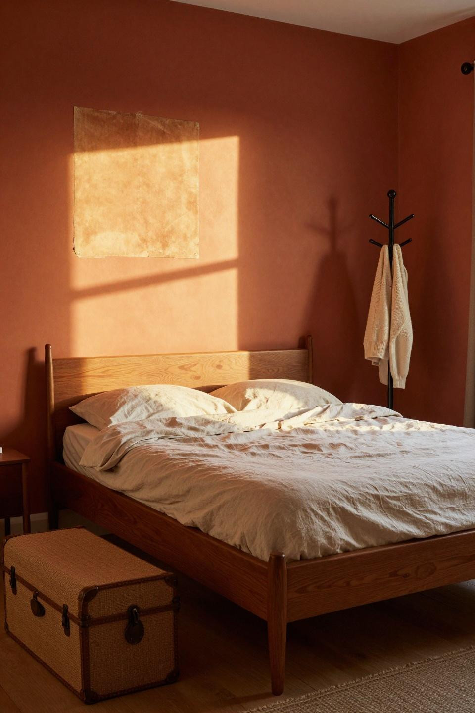 Warm Apartment Aesthetic - terracotta accent with walnut bed