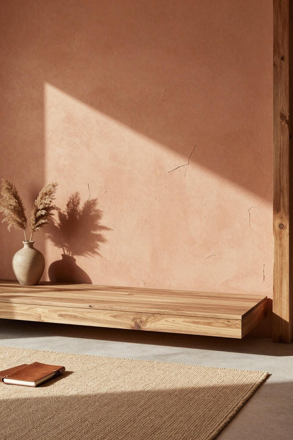 Cozy Earthy Bedroom - terracotta limewash with walnut platform