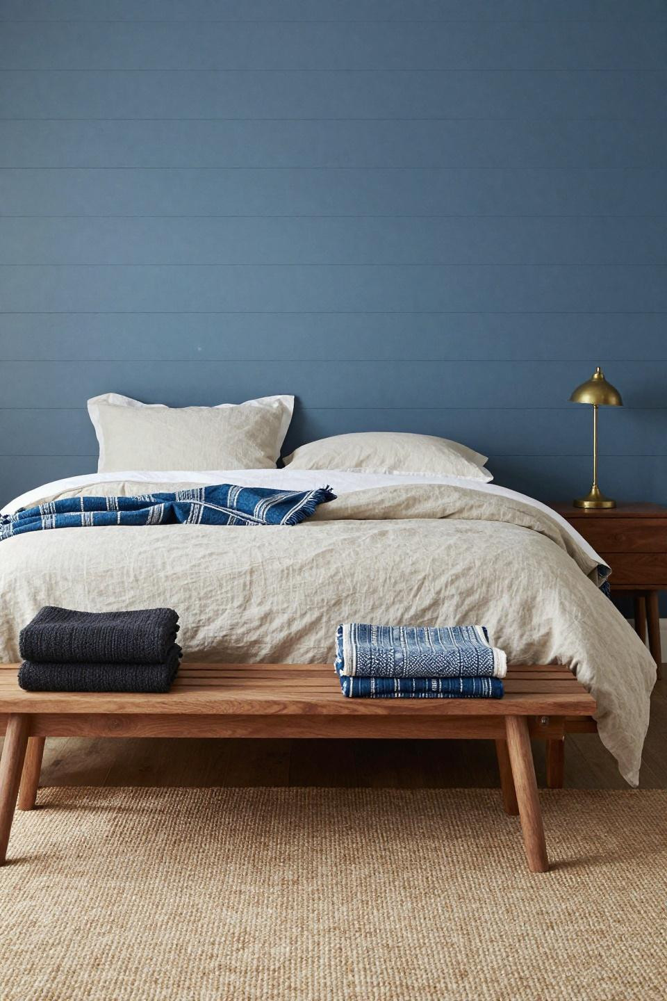 Earthy Bedroom Ideas - walnut platform with powder blue shiplap
