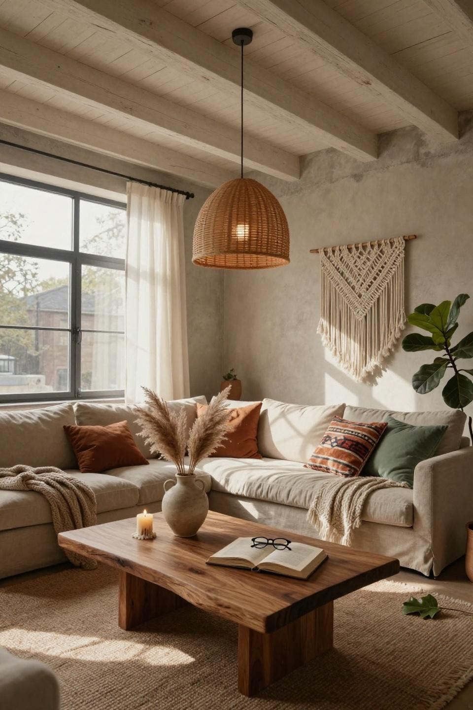 Boho Minimalist Living Room - raw concrete with warm textiles