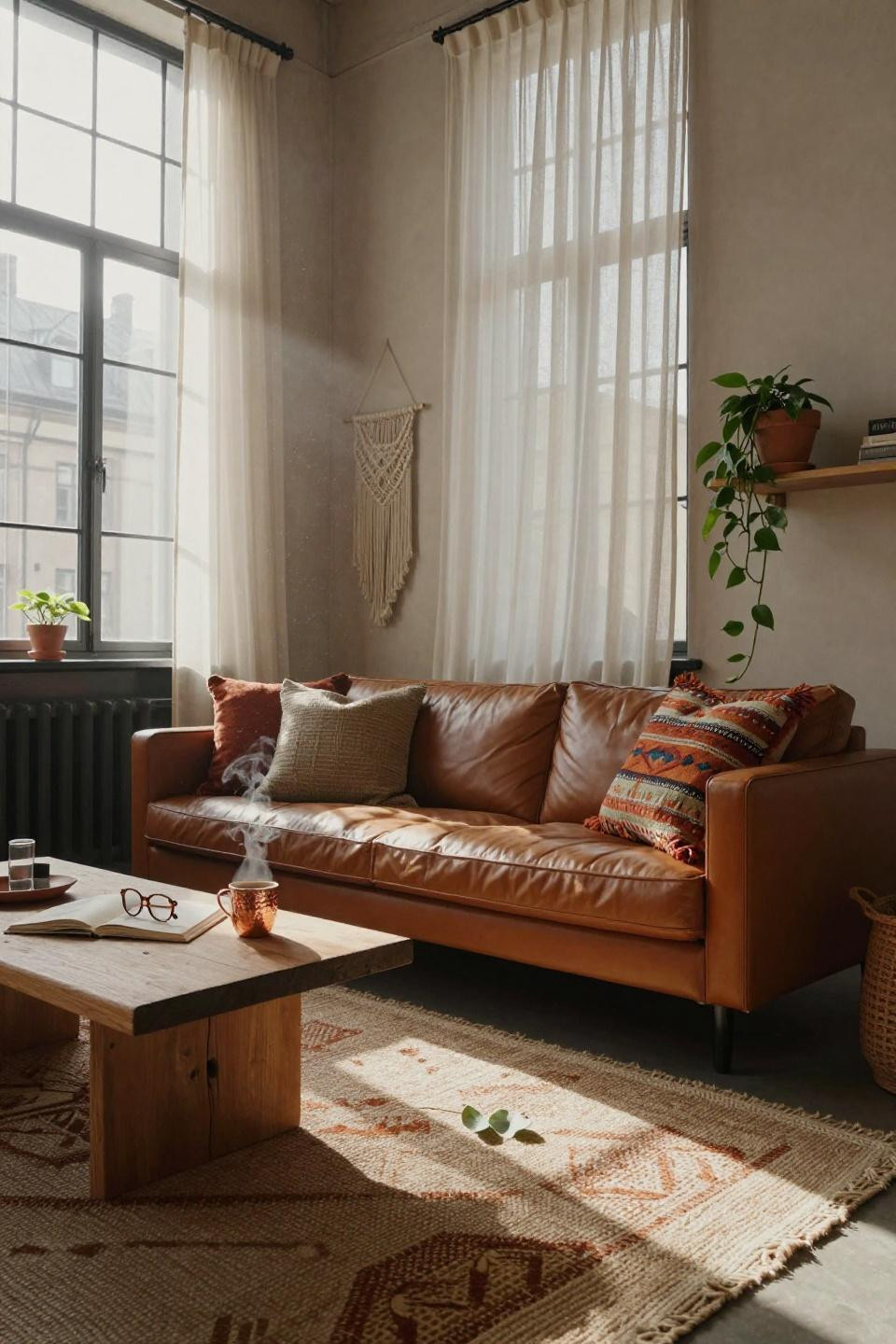Cozy Boho Living Room Inspiration - terracotta walls with cognac leather sofa