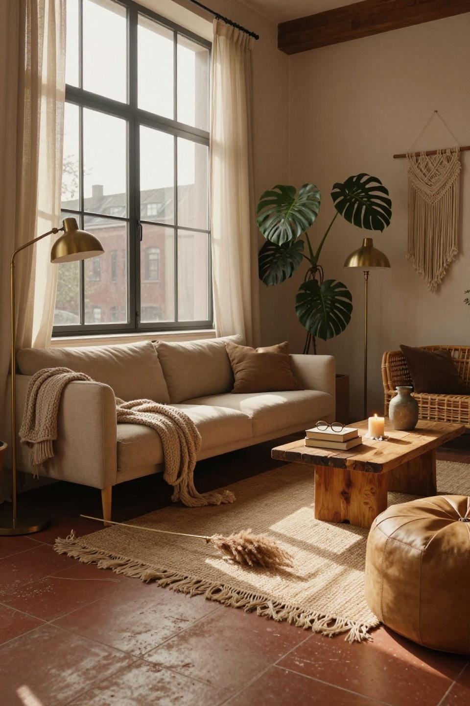 Warm Earthy Living Room - monstera with dappled shadows