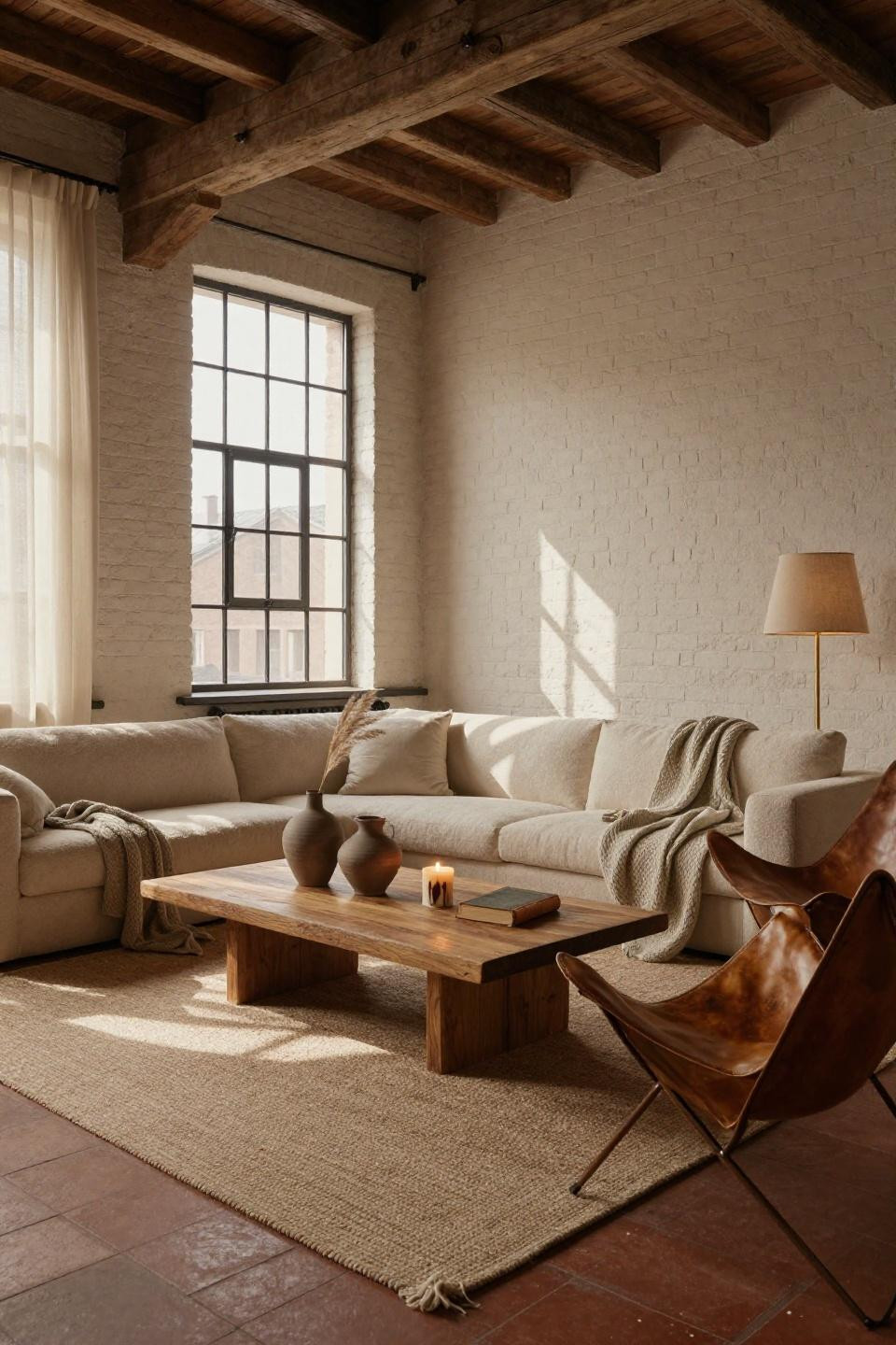 Earthy Decor Living Room - cognac leather butterfly chairs