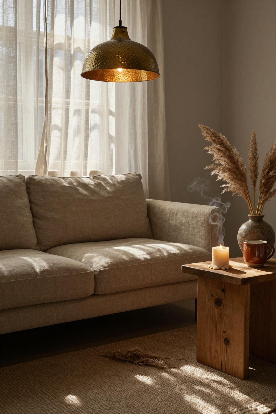 Warm Boho Living Room - unlacquered brass with patina