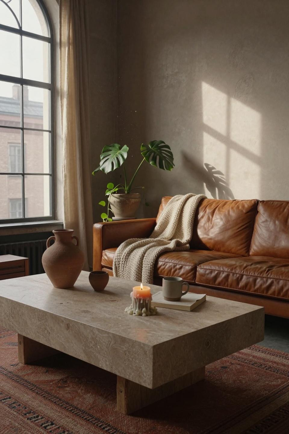 Boho Interior Design - travertine coffee table with natural pitting
