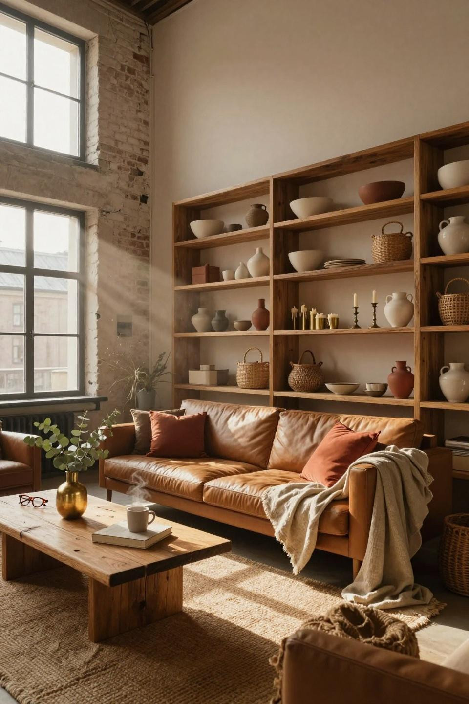 Scandinavian Interior - honey oak shelving with ceramics