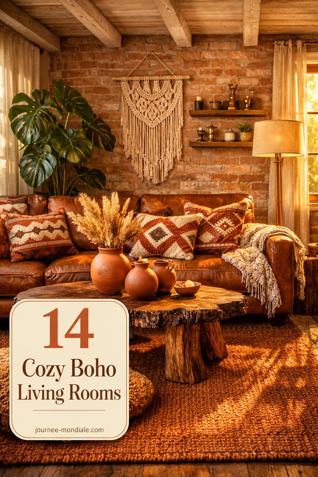 Cozy boho living room featuring cognac leather sofa, terracotta tones, jute rug, macramé wall art, monstera plant, brass accents