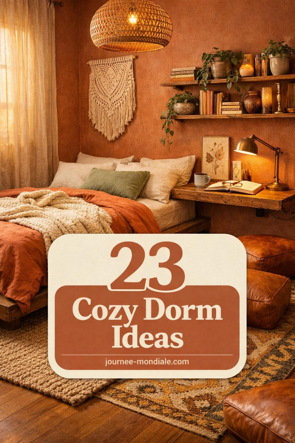 Warm earthy college dorm featuring terracotta bedding, jute rug, floating teak desk, brass lamp, macramé wall art, pothos plants