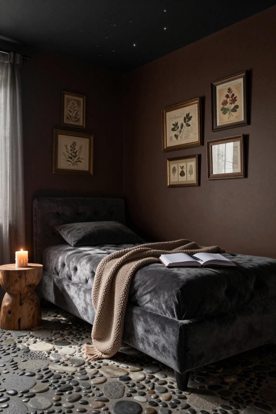Small Moody Bedroom - polished river pebble flooring with charcoal velvet daybed