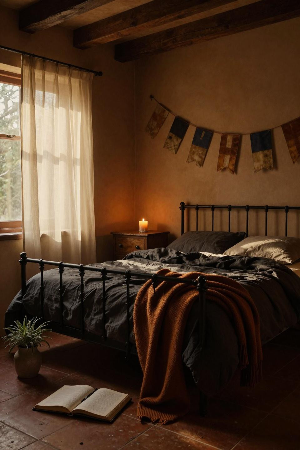 Moody Vintage Bedroom - signal flag bunting above iron bed with terracotta walls