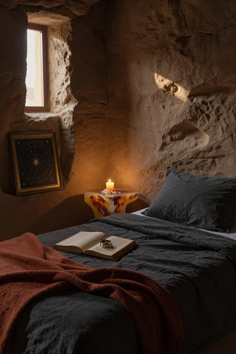 Moody Cozy Bedroom - translucent cast resin nightstand with amber inclusions