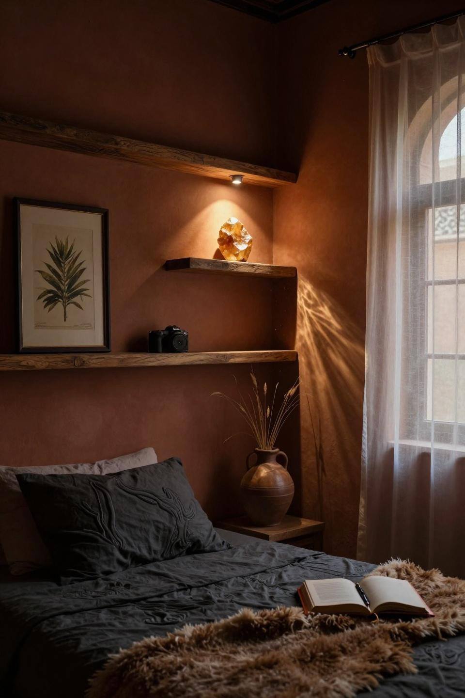Moody Western Bedroom - raw citrine point cluster on floating shelf with terracotta walls
