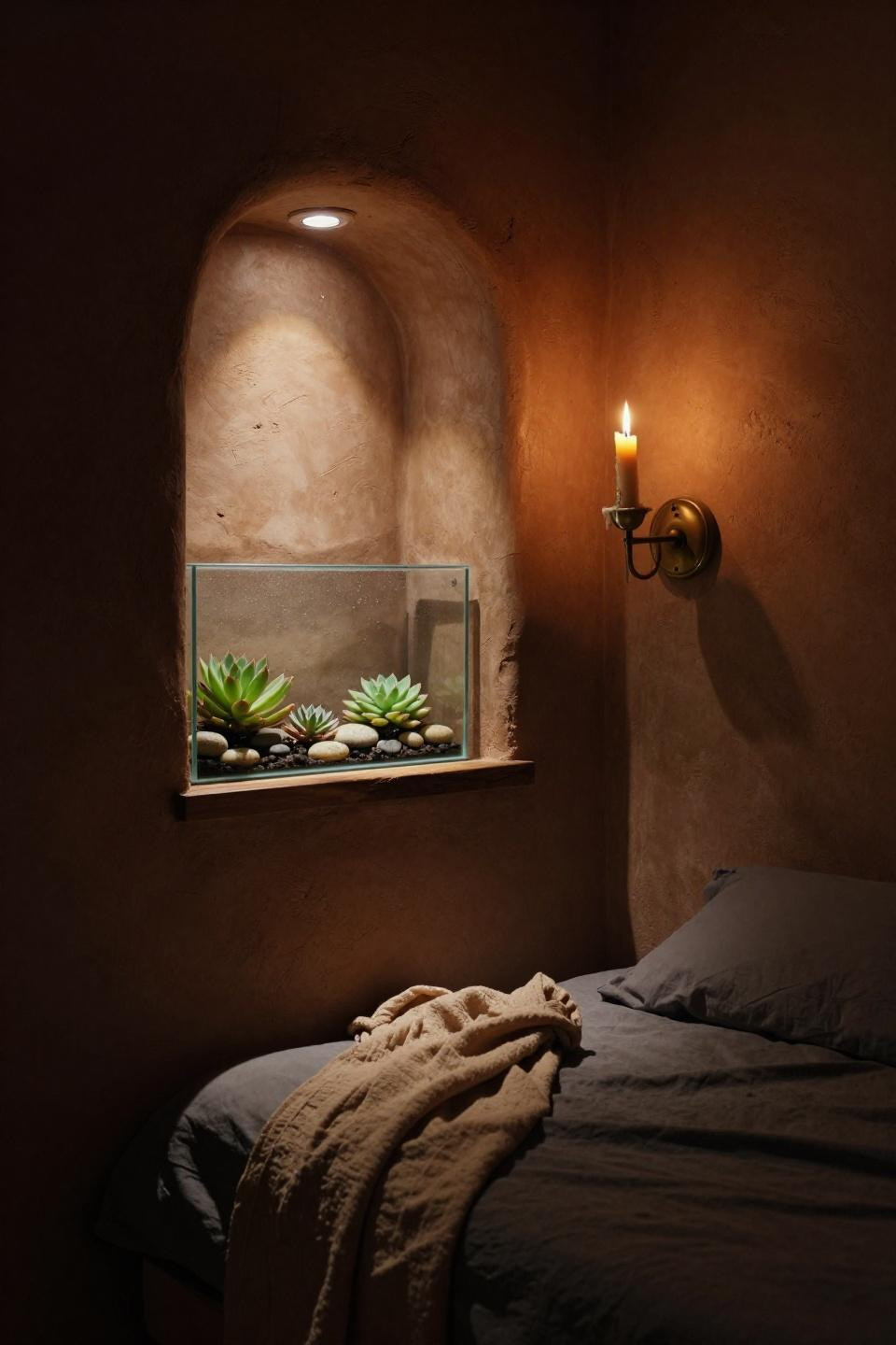 Moody Bedroom Aesthetic - sculpted adobe alcove with frosted glass and terracotta walls