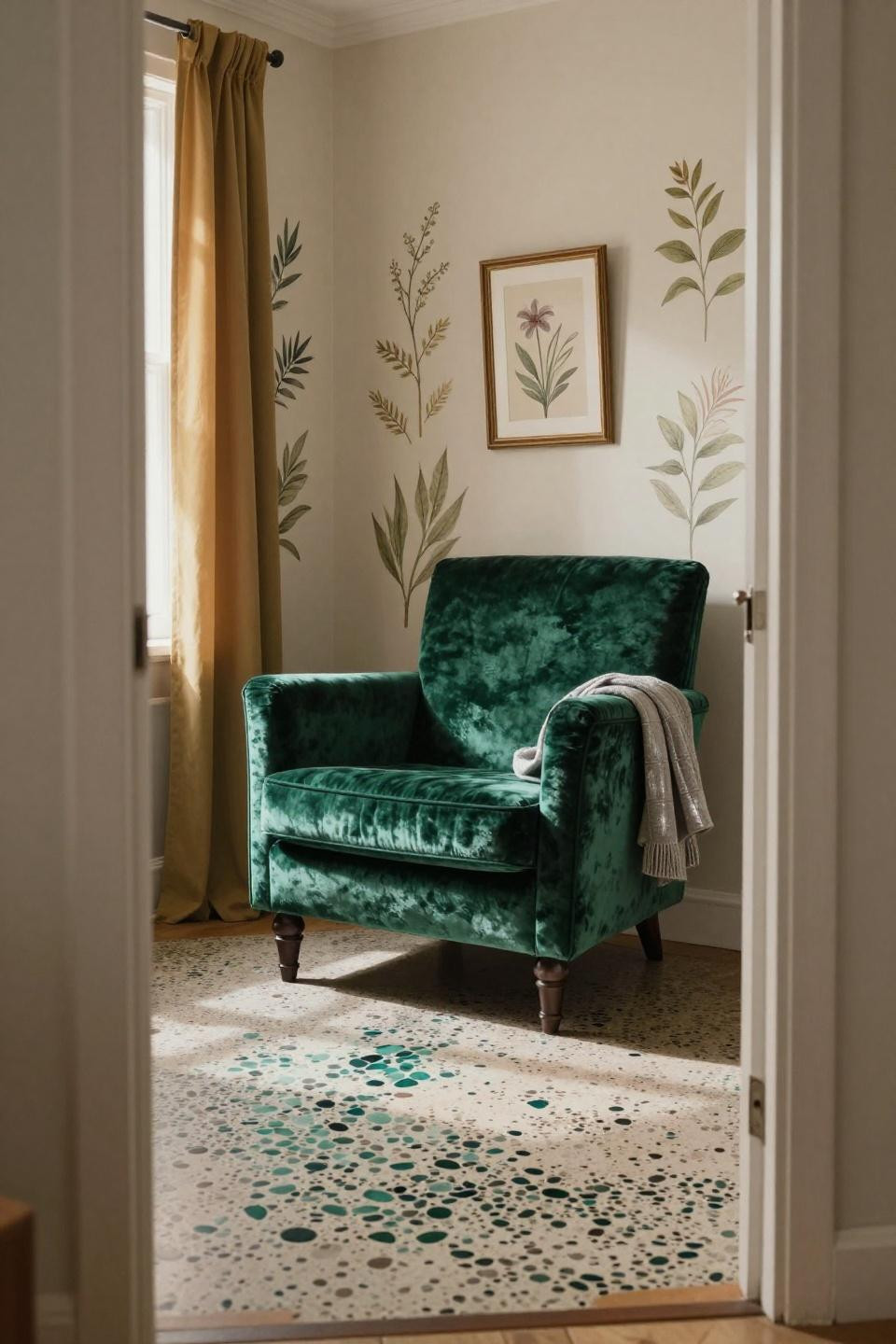 Teen Room Decor Cozy - emerald bouclé chair framed through doorway