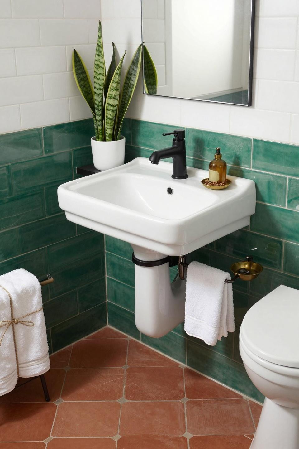Bathroom Decor Inspiration - emerald chevron cement tile with matte black faucet