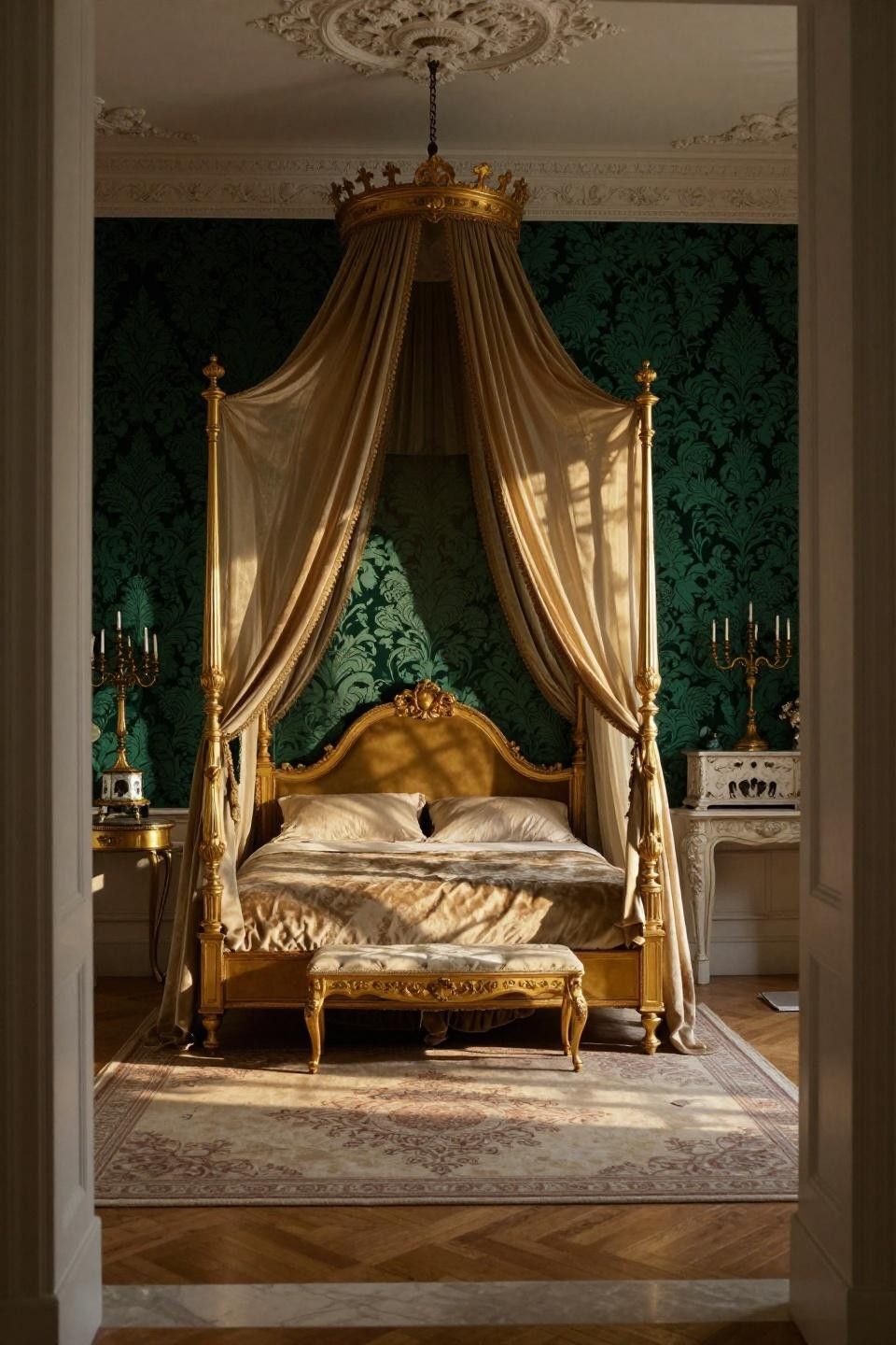 Most Luxurious Bedrooms - emerald damask wallpaper gilded four-poster