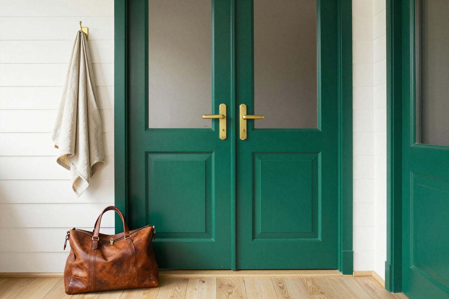 French Entry Doors - deep emerald with satin brass pulls