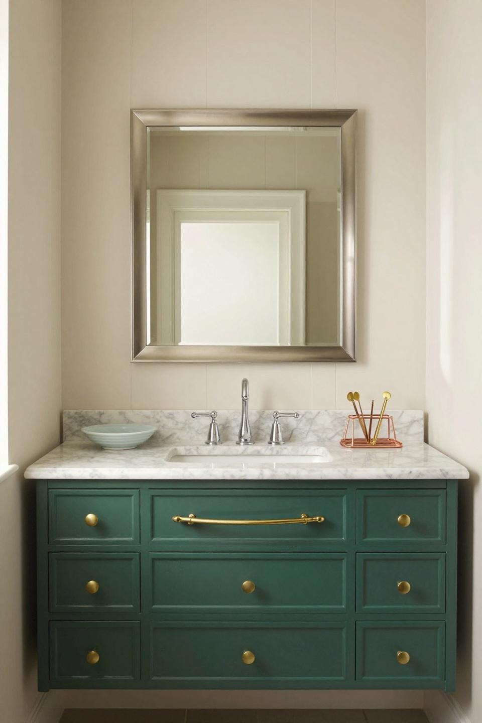 Tiny Bathroom Ideas - emerald green lacquered vanity