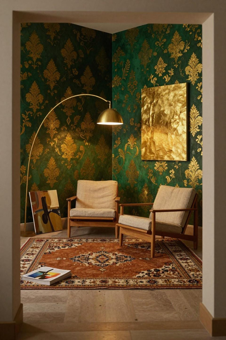 Sitting Area In Living Room Ideas - teak chairs on Turkish kilim with emerald walls