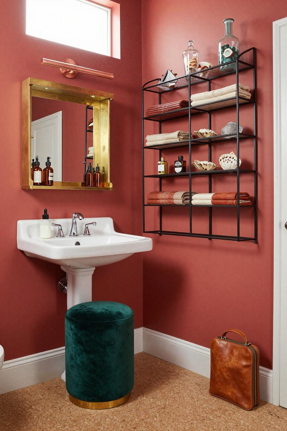 Cute Apartment Bathroom Ideas - emerald velvet stool with coral red walls