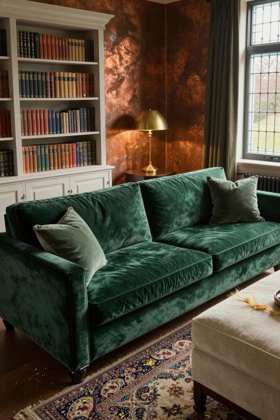 Cosy Cottage Living Room - emerald velvet settee with oxidized-copper walls