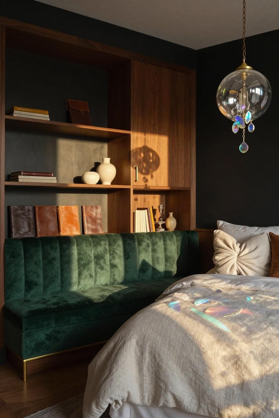 Cute Bedroom Ideas Teenagers - emerald velvet reading nook with walnut built-ins