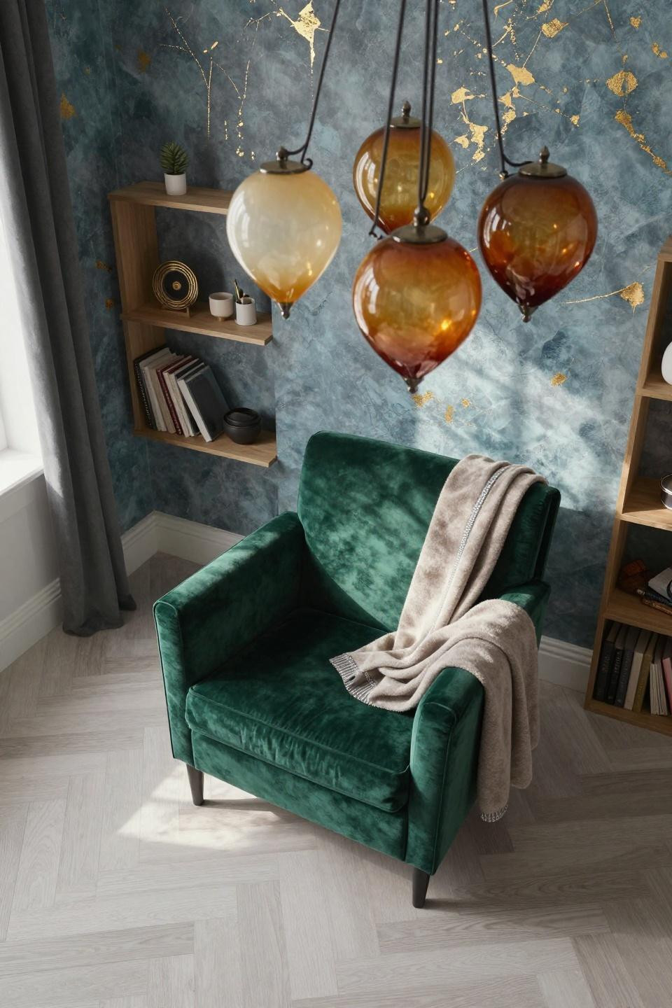 Room Inspo Ideas - emerald velvet armchair beneath Murano glass pendant
