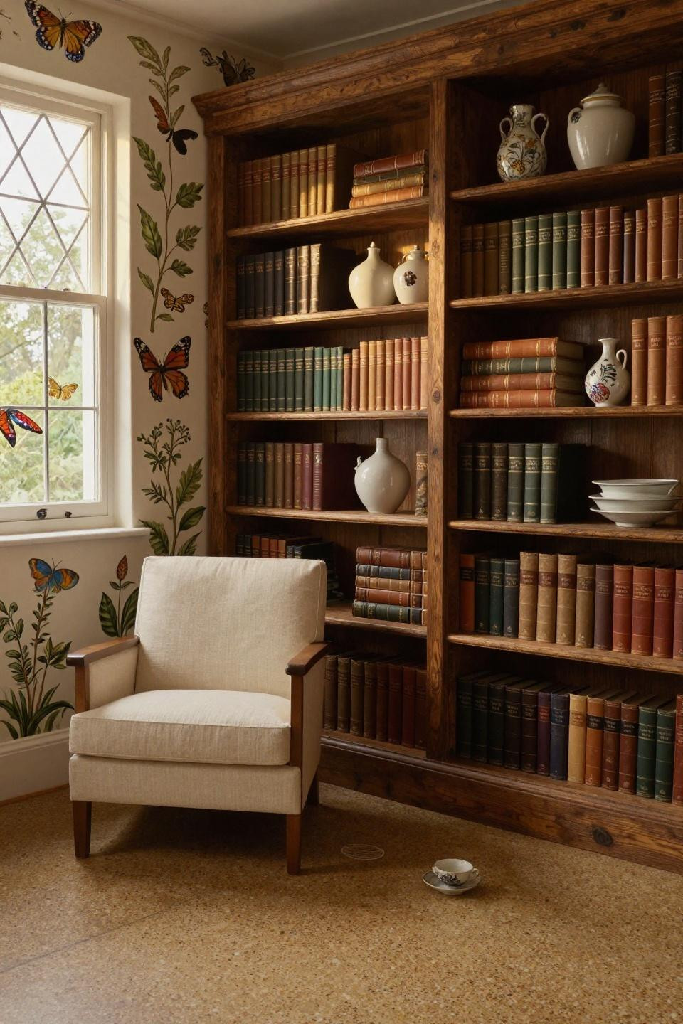 Cosy Cottage Living Room - distressed walnut bookshelf with Belgian linen chair
